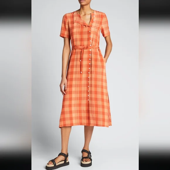 Altuzarra Picotee Orange Checkered Midi Dress In Cayenne Canyon Clay Size 42 - Picture 1 of 16